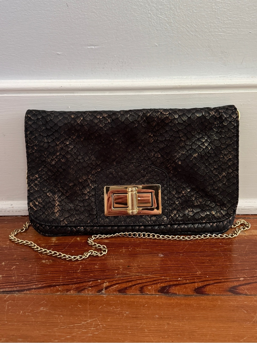 Pietro Alessandro NYC Twistlock Shoulder Bag Snakeskin Dark Gray Leather Gold